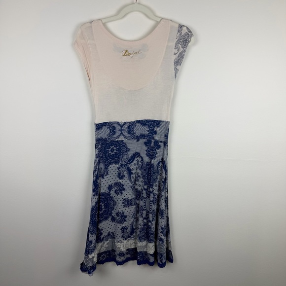 Desigual Blue Lace Print Cap Sleeve Dress Boho Core Y2K Festival M - Picture 2 of 5